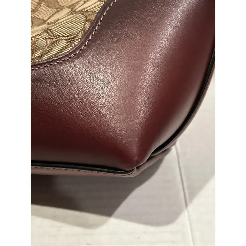 Coach F34824 Ivie Burgundy Leather Trim Beige Signature Hobo Purse Hand Bag